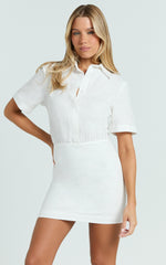 Muriel Mini Dress - Blouson Linen Blend Shirt Dress in Off White