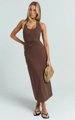Murray Midi Dress - Deep U Halter Neck Dress in Chocolate