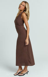 Murray Midi Dress - Deep U Halter Neck Dress in Chocolate
