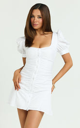 Mya Mini Dress - Scoop Neck Ruched Button Front Puff Sleeve Dress in White