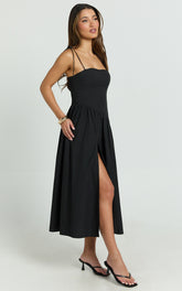 Myrtle Midi Dress - Straight Neck Curved Drop Waist Gathered Full Skirt Dress in Black