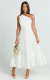 Nadette Midi Dress - One Shoulder Pleated Tiered Dress in White