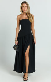 Nadiane Maxi Dress - Strapless Asymmetric Drop Waist Dress in Black