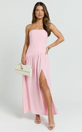Nadiane Maxi Dress - Strapless Asymmetric Drop Waist Dress in Pink