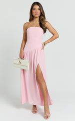 Nadiane Maxi Dress - Strapless Asymmetric Drop Waist Dress in Pink