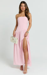 Nadiane Maxi Dress - Strapless Asymmetric Drop Waist Dress in Pink