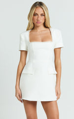 Nakita Mini Dress - Short Sleeve Pearl Trim Square Neck Tulip Dress in White