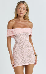 Nalani Mini Dress - Lace Off Shoulder Bodycon Dress in Pink