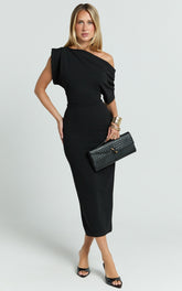 Nalfie Midi Dress - Tipped Shoulder Jersey Drape Dress in Black