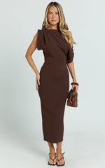 Nalfie Midi Dress - Tipped Shoulder Jersey Drape Dress in Chocolate