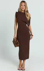 Nalfie Midi Dress - Tipped Shoulder Jersey Drape Dress in Chocolate
