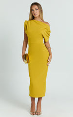 Nalfie Midi Dress - Tipped Shoulder Jersey Drape Dress in Mustard