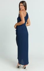Namaari Midi Dress - Faux Wrap One Shoulder Dress in Navy
