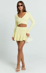 Naomi Two Piece Set - Contrast Knit Button Up Long Sleeve And Pleated Mini Skirt in Lemon