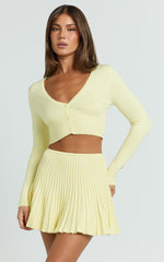 Naomi Two Piece Set - Contrast Knit Button Up Long Sleeve And Pleated Mini Skirt in Lemon