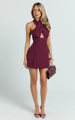 Narcisa Mini Dress - Twist Neck Keyhole A Line Dress in Wine