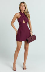 Narcisa Mini Dress - Twist Neck Keyhole A Line Dress in Wine