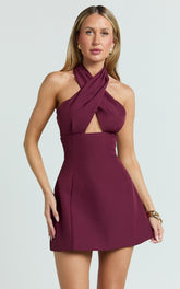 Narcisa Mini Dress - Twist Neck Keyhole A Line Dress in Wine