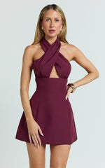 Narcisa Mini Dress - Twist Neck Keyhole A Line Dress in Wine
