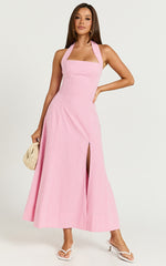 Narissa Midi Dress - Halter A Line Dress in Pink Gingham