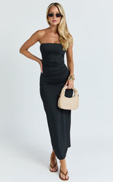 Natasha Midi Dress - Strapless Ruched Column Dress in Black