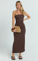 Natasha Midi Dress - Strapless Ruched Column Dress in Chocolate