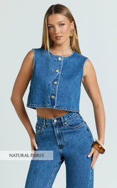 Nathan Top - Button Down Denim Shell Top in Dark Blue