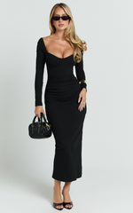 Naya Midi Dress - Long Sleeve Sweetheart Neck Bodycon Dress in Black