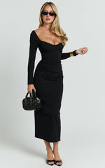 Naya Midi Dress - Long Sleeve Sweetheart Neck Bodycon Dress in Black