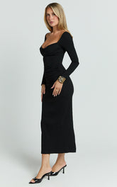 Naya Midi Dress - Long Sleeve Sweetheart Neck Bodycon Dress in Black