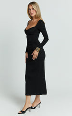 Naya Midi Dress - Long Sleeve Sweetheart Neck Bodycon Dress in Black