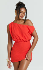 Nellie Mini Linen Dress - Linen One Shoulder Mini Dress in Orange