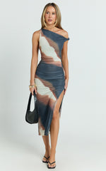 Nenita Midi Dress - One Shoulder Mesh Dress in Rust Print