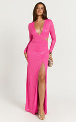 Nerissa Maxi Dress - Sequin Plunge Cut Out Thigh Split Dress in Hot Pink