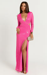 Nerissa Maxi Dress - Sequin Plunge Cut Out Thigh Split Dress in Hot Pink