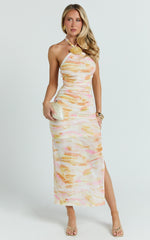 Nessa Midi Dress - Halterneck Ruched Fitted Shell Trim Fitted Mesh Print Dress in Ocean Foam Print