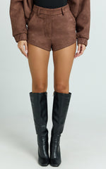 Nessa Shorts - Faux Suede High Waisted Micro Mini Shorts in Dark Chestnut