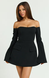 Nettie Mini Dress - Off Shoulder Longsleeve Fit and Flare Dress in Black
