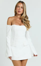 Nettie Mini Dress - Off Shoulder Longsleeve Fit and Flare Dress in White