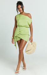 Niana Mini Dress - Drape One Shoulder Dress in Green