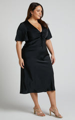 Nicholla Midi Dress - Ruched Front Angel Sleeve Slip Dress in Black