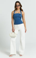 Nicky Top - Denim Hardware Buckle Halter Neck Top in Dark Blue Wash
