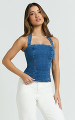 Nicky Top - Denim Hardware Buckle Halter Neck Top in Dark Blue Wash