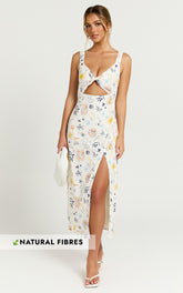 Nicola Midi Linen Blend Dress - Strappy Front Twist Cut Out Column Dress in Soleil Print