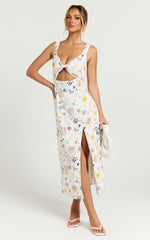 Nicola Midi Linen Blend Dress - Strappy Front Twist Cut Out Column Dress in Soleil Print
