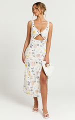 Nicola Midi Linen Blend Dress - Strappy Front Twist Cut Out Column Dress in Soleil Print
