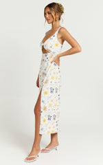 Nicola Midi Linen Blend Dress - Strappy Front Twist Cut Out Column Dress in Soleil Print