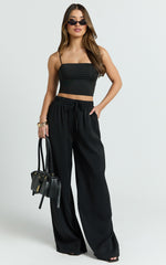 Nicole Pants - High Waist Elasticated Gathered Waist Wide Leg Pants in Black
