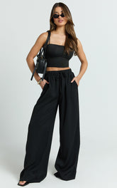 Nicole Pants - High Waist Elasticated Gathered Waist Wide Leg Pants in Black