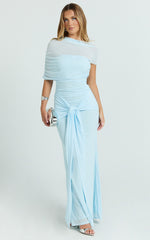 Nicolette Maxi Dress - Cape Sleeve Off Shoulder Dress in Blue